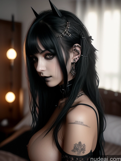 ai nude image of arafed woman with black hair and piercings posing in a bedroom pics of Busty Perfect Boobs Close-up View Gothic Punk Girl Model One Perfect Body Beautiful 18 Black Hair Long Hair Russian Nude Bedroom