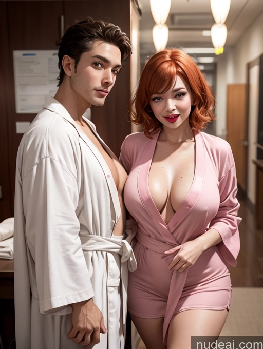 ai nude image of they are posing for a picture in a hotel room pics of Czech Office 80s Thick Lipstick Perfect Boobs Big Ass Sexy Face Shocked Happy Busty Tanned Skin Ginger Bangs Two Massage Woman + Man Bathrobe Satin