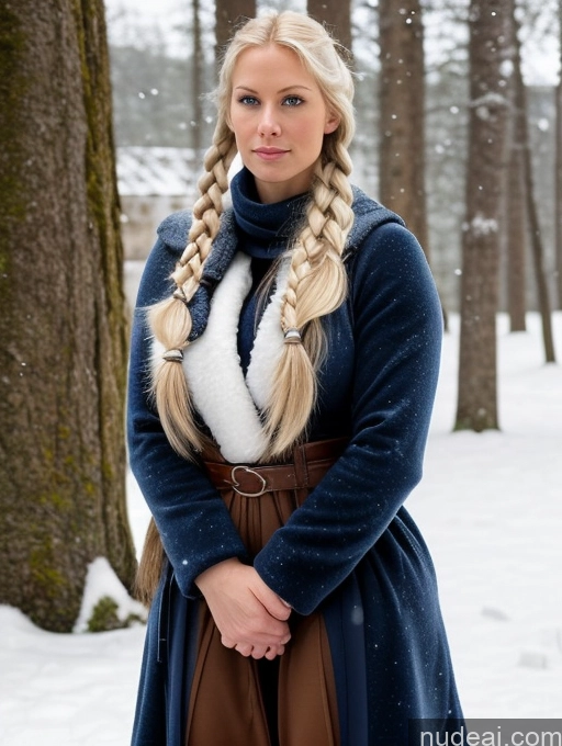 ai nude image of a woman with long blonde hair wearing a blue coat and a scarf pics of Bodybuilder Huge Boobs Muscular Big Ass Abs Big Hips Long Legs Tall Perfect Body Pubic Hair 30s Serious Blonde Pigtails Scandinavian Snow Medieval