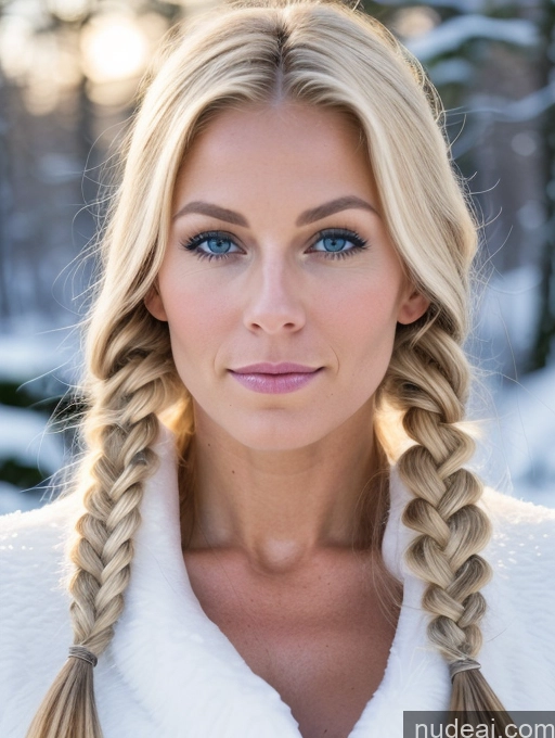 ai nude image of blond woman with long braid hair in winter setting pics of Bodybuilder Huge Boobs Muscular Big Ass Abs Big Hips Long Legs Tall Perfect Body Pubic Hair 30s Serious Blonde Pigtails Scandinavian Snow Medieval