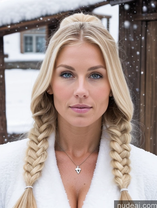 ai nude image of blond woman with long braids in a white robe in the snow pics of Bodybuilder Huge Boobs Muscular Big Ass Abs Big Hips Long Legs Tall Perfect Body Pubic Hair 30s Serious Blonde Pigtails Scandinavian Snow Medieval