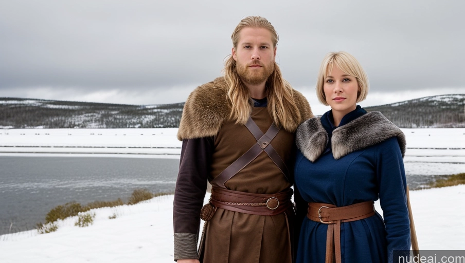 ai nude image of there are two people dressed in medieval clothing standing next to each other pics of Huge Boobs Muscular Abs Long Legs Tall Perfect Body 30s Serious Blonde Scandinavian Snow Short Hair Woman + Man Viking