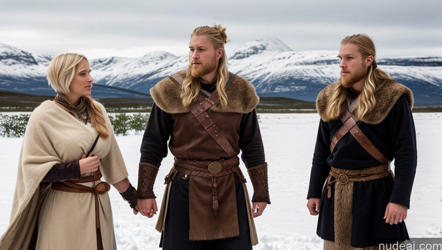 ai nude image of three people dressed in viking clothing standing in the snow pics of Huge Boobs Muscular Abs Long Legs Tall Perfect Body 30s Serious Blonde Scandinavian Snow Short Hair Woman + Man Viking