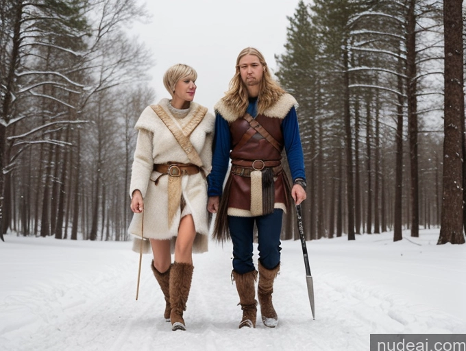 ai nude image of there are two women dressed in viking costumes walking in the snow pics of Huge Boobs Muscular Abs Long Legs Tall Perfect Body 30s Serious Blonde Scandinavian Snow Short Hair Woman + Man Viking