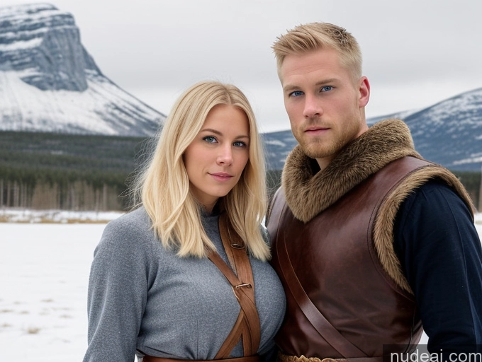 ai nude image of blond woman in grey dress and man in brown leather vest standing in snow pics of Huge Boobs Muscular Abs Long Legs Tall Perfect Body 30s Serious Blonde Scandinavian Snow Short Hair Woman + Man Viking