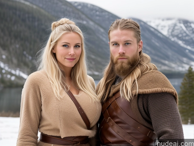 ai nude image of blond woman with long hair and a beard standing next to a bearded man pics of Huge Boobs Muscular Abs Long Legs Tall Perfect Body 30s Serious Blonde Scandinavian Snow Short Hair Woman + Man Viking