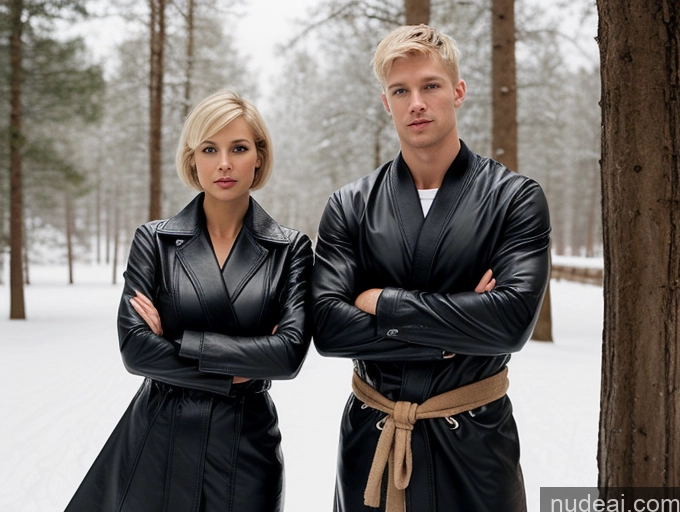 ai nude image of blond woman in black leather coat and man in black leather coat standing in snow pics of Huge Boobs Muscular Abs Long Legs Tall Perfect Body 30s Serious Blonde Scandinavian Snow Short Hair Woman + Man Bdsm