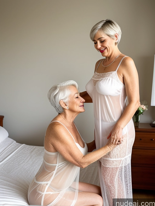 ai nude image of they are two women in lingeries sitting on a bed pics of Czech Thick Lipstick Perfect Boobs Big Ass Dress Nightgown Transparent Simple 80s Bedroom Two Massage Short Hair White Hair Woman + Man