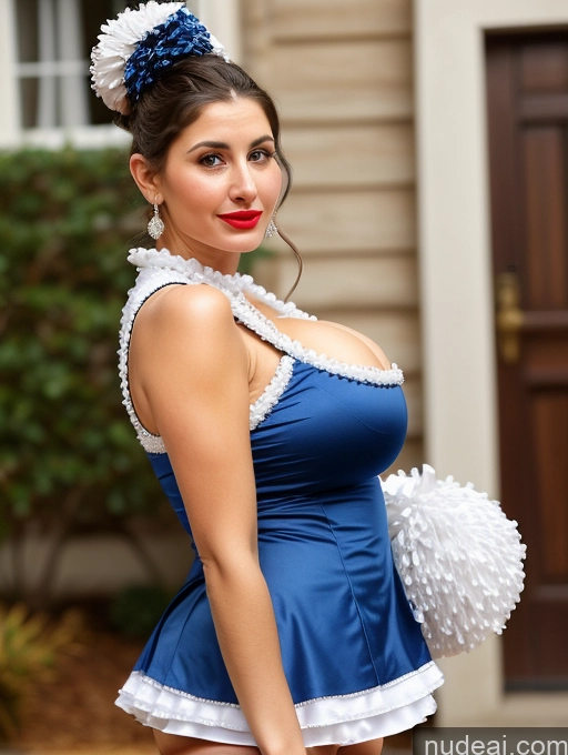 ai nude image of there is a woman in a blue dress posing for a picture pics of Woman Busty Huge Boobs Lipstick Short Skinny Sad Shocked Front View Dress Traditional Victorian Cheerleader Pearl Jewelry Jewish Hair Bun 80s Brunette