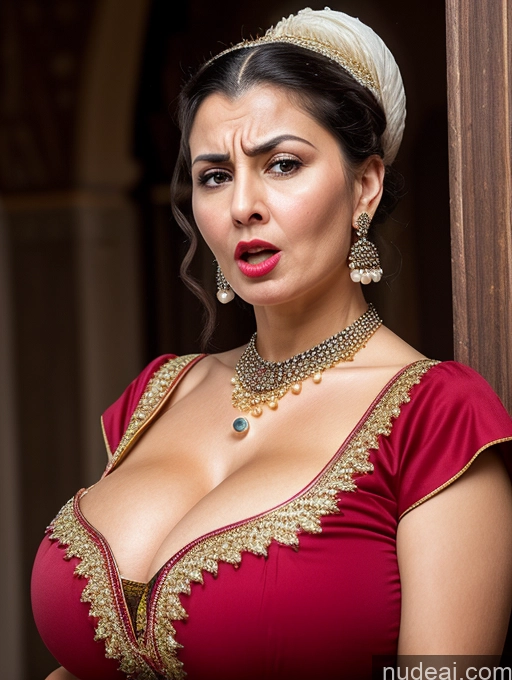 ai nude image of araffe woman in a red dress with a gold necklace and earrings pics of Woman Busty Huge Boobs Lipstick Short Skinny Shocked Front View Dress Traditional Victorian Pearl Jewelry Hair Bun Black Hair Angry Long Skirt 50s Medieval Middle Eastern