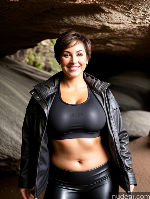 ai nude image of there is a woman in a black top and leather pants posing for a picture pics of Perfect Boobs Beautiful Big Ass 40s Happy Brunette Short Hair Latina Cave Leather Sports Bra Yoga Pants Jacket Chubby Detailed