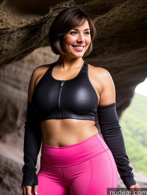 ai nude image of arafed woman in a black sports bra top and pink shorts pics of Perfect Boobs Beautiful Big Ass 40s Happy Brunette Short Hair Latina Cave Leather Sports Bra Yoga Pants Jacket Detailed Fat