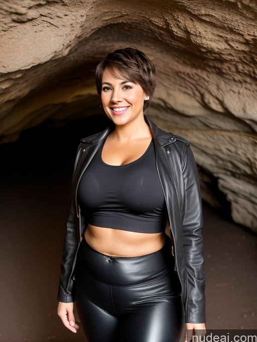 ai nude image of there is a woman in a black top and leather pants posing for a picture pics of Perfect Boobs Big Ass Big Hips Short Happy Brunette Short Hair Latina Cave Yoga Pants Leather Jacket Sports Bra Detailed Chubby Fat 40s