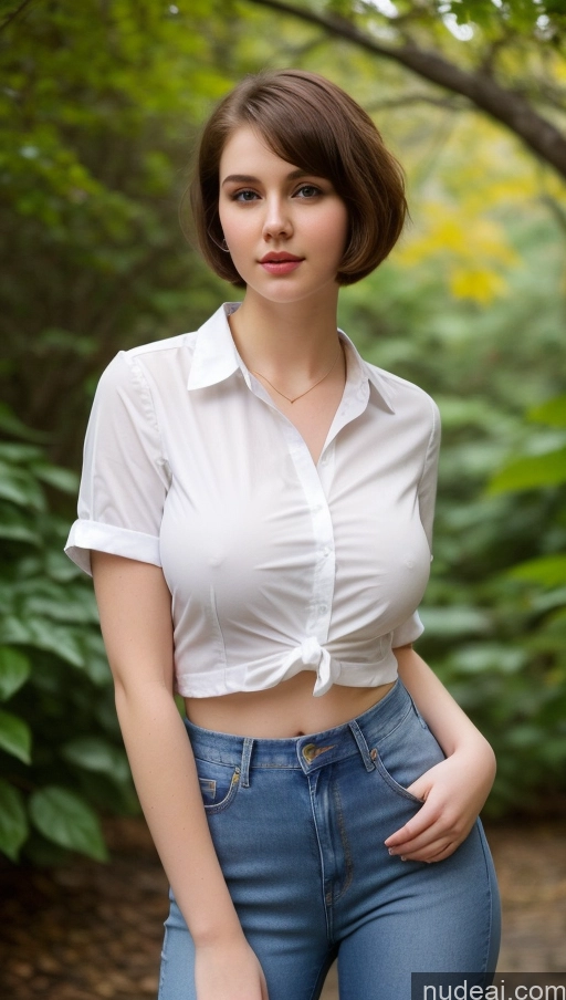 ai nude image of arafed woman in a white shirt and jeans posing for a picture pics of Busty Perfect Boobs Thick Big Hips Fairer Skin Beautiful 18 Brunette Short Hair Russian Shirt Jeans