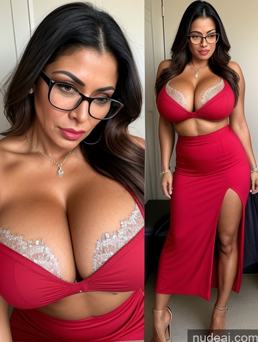 ai nude image of arafed woman in a red dress and glasses posing for a picture pics of Milf Glasses Lipstick Perfect Body Tanned Skin Oiled Body 50s Pouting Lips Angry Bobcut Long Skirt Teacher Cleavage Jewelry Detailed Sexy Face Brazilian Huge Boobs