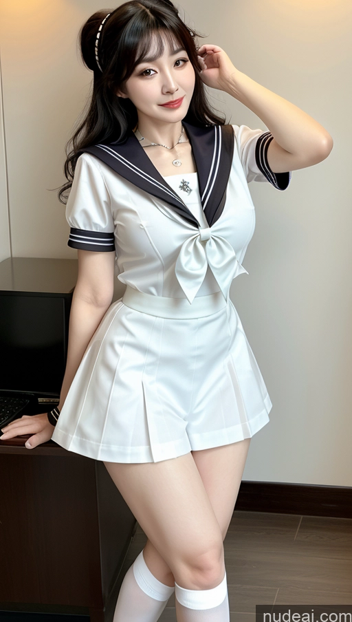 ai nude image of araffe dressed in a sailor costume posing for a picture pics of Milf Busty Beautiful Big Ass Big Hips Pubic Hair Fairer Skin Black Hair Cosplay 70s Korean Choker Maid Sailor JK Uniform