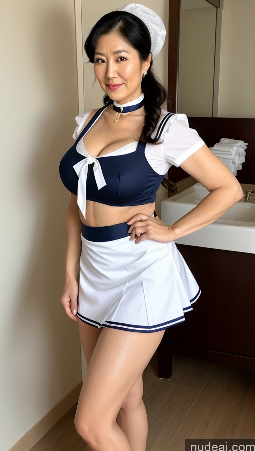 ai nude image of arafed woman in a sailor outfit posing in a bathroom pics of Milf Busty Beautiful Big Ass Big Hips Pubic Hair Fairer Skin Black Hair 70s Korean Choker Maid Sailor Mini Skirt