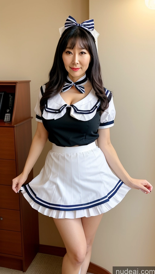 ai nude image of arafed asian woman in a sailor costume posing for a picture pics of Milf Busty Beautiful Big Ass Big Hips Pubic Hair Fairer Skin Black Hair 70s Maid Sailor Mini Skirt Bows Choker Cosplay Japanese