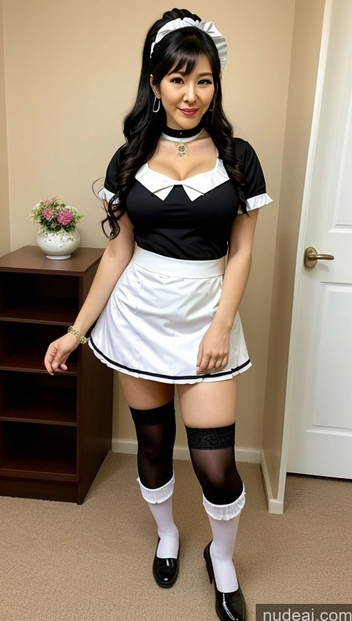 ai nude image of arafed woman in a maid outfit posing for a picture pics of Milf Busty Beautiful Big Ass Big Hips Pubic Hair Fairer Skin Black Hair Maid Sailor Mini Skirt Choker Cosplay Japanese 80s