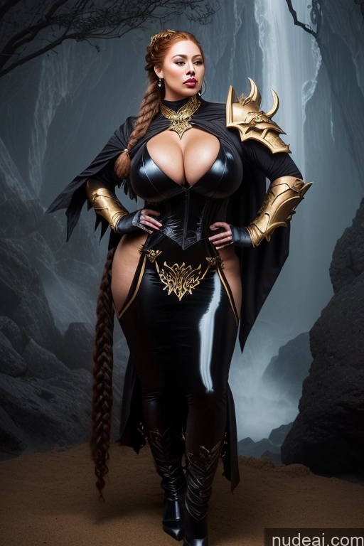 ai nude image of a woman in a black and gold costume posing for a picture pics of Woman + Man Busty Huge Boobs Perfect Boobs Big Ass Abs Fat Big Hips Long Legs Tanned Skin Serious Pouting Lips Ginger Braided Thai Nude Fantasy Armor Gold Jewelry Bright Lighting Death Knight Hell Surrealist 30s