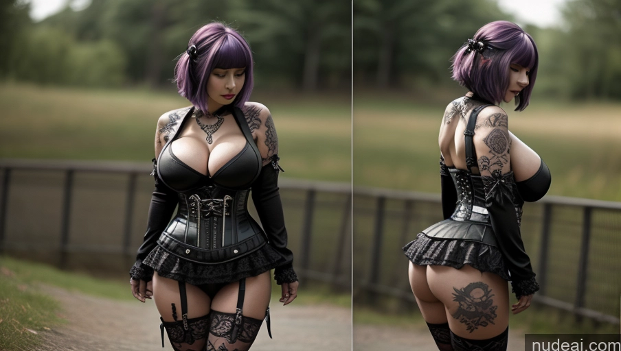 ai nude image of there is a woman with purple hair and a corset posing pics of Two Busty Huge Boobs Beautiful Tattoos Big Ass Big Hips Short Perfect Body 18 Purple Hair Gothic Punk Girl Pixie Milf Latina Corset Microskirt Front View