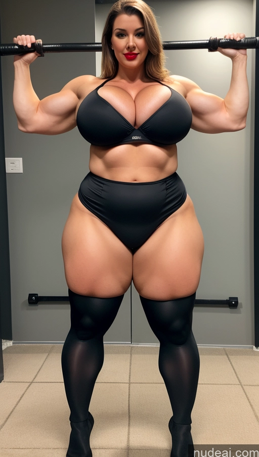 ai nude image of araffe woman in a black bikini and black stockings holding a bar pics of Huge Boobs Lipstick Big Ass Abs Chubby Fairer Skin Muscular Ninja