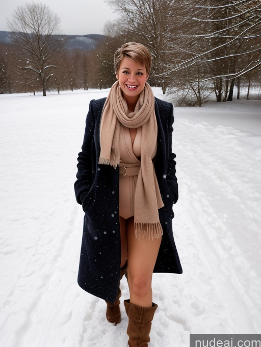 ai nude image of arafed woman in a tan dress and scarf standing in the snow pics of Busty Big Ass Big Hips Long Legs Tall Pubic Hair Happy Brunette Pixie White Wife Or Girlfriend Full Frontal 50s Snow Nude Scarf Tailcoat