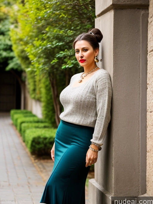 ai nude image of a woman leaning against a wall wearing a skirt and sweater pics of Milf Busty Lipstick Skinny Short Sad Shocked Front View Dress Long Skirt Traditional Sweater Pearl Jewelry Brunette French 40s Hair Bun