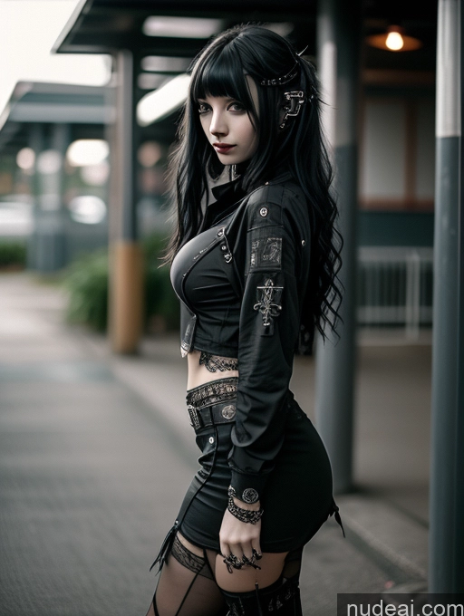 ai nude image of gothic woman in black outfit posing on sidewalk with hand on hip pics of Busty Perfect Boobs Close-up View Gothic Punk Girl Model Perfect Body Beautiful 18 Black Hair Long Hair Russian Bedroom One Casual Detailed