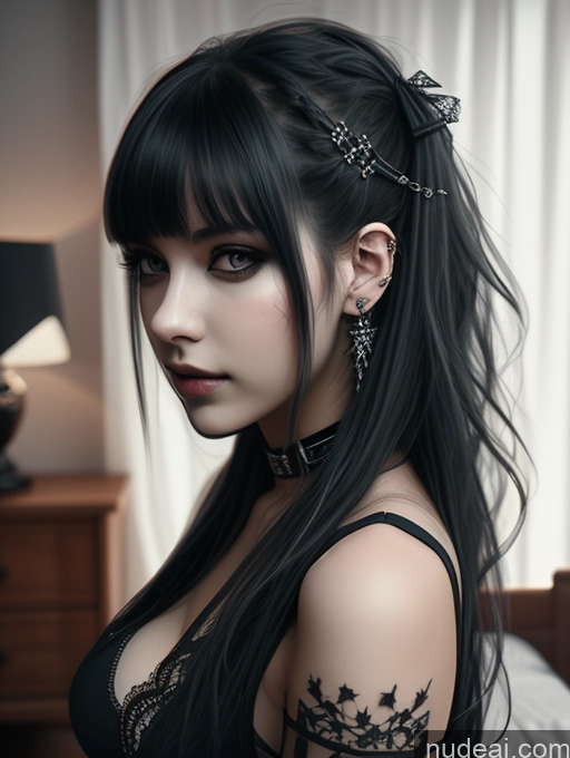 ai nude image of there is a woman with long black hair and piercings on her arm pics of Busty Perfect Boobs Close-up View Gothic Punk Girl Model Perfect Body Beautiful 18 Black Hair Long Hair Russian Bedroom One Casual Detailed 3d