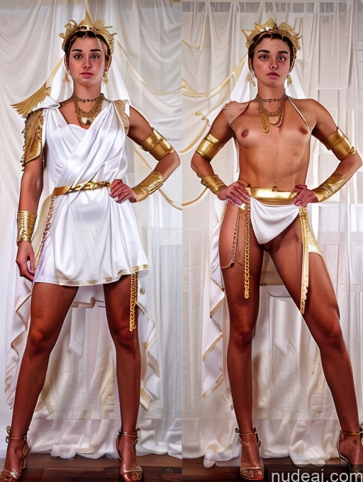 ai nude image of there are two women dressed in costumes posing for a picture pics of 18 70s Detailed Onoff Skinny Menstoga, White Robes, In White And Gold Costumem, Gold Headpiece, Gold Belt, Gold Chain