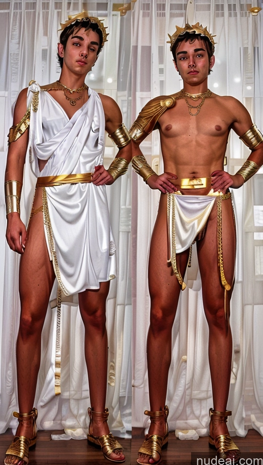 ai nude image of two men dressed in costumes of greek mythology and roman mythology pics of 18 70s Detailed Onoff Skinny Menstoga, White Robes, In White And Gold Costumem, Gold Headpiece, Gold Belt, Gold Chain