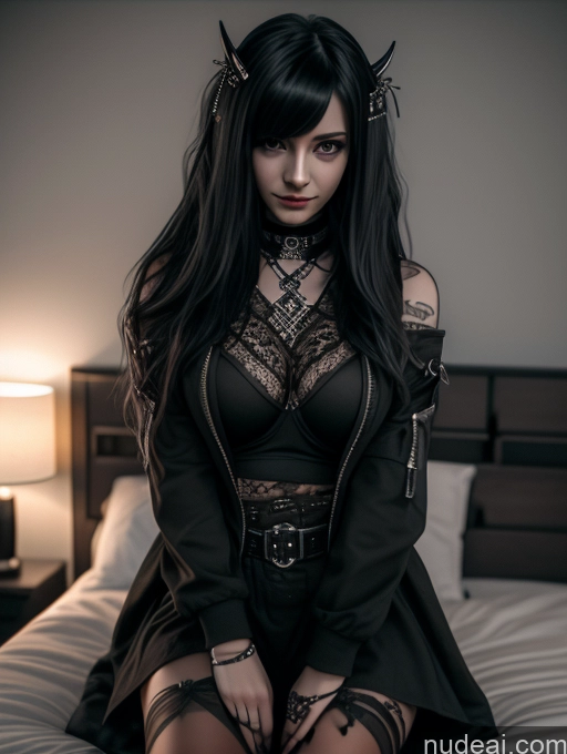 ai nude image of there is a woman sitting on a bed wearing a black outfit pics of Busty Perfect Boobs Close-up View Gothic Punk Girl Model Perfect Body Beautiful 18 Black Hair Long Hair Russian Bedroom One Casual Detailed 3d