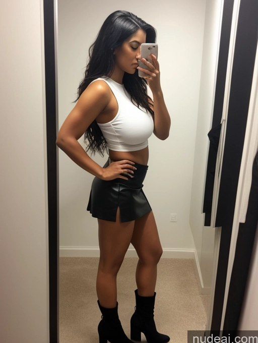 ai nude image of araffe woman taking a selfie in a mirror in a white top and black skirt pics of One Thick Huge Boobs Big Ass 20s Shocked Black Hair Messy White Changing Room Side View Micro Skirt Crop Top Boots