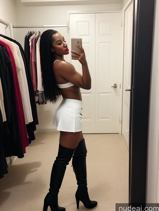 ai nude image of araffe woman taking a selfie in a white skirt and thigh high boots pics of One Thick Huge Boobs Big Ass 20s Shocked Black Hair White Changing Room Micro Skirt Crop Top Boots Beautiful Lipstick Fairer Skin Straight Side View