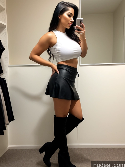 ai nude image of there is a woman taking a selfie in a mirror pics of One Thick Huge Boobs Big Ass 20s Shocked Black Hair White Changing Room Micro Skirt Crop Top Boots Beautiful Lipstick Straight Side View