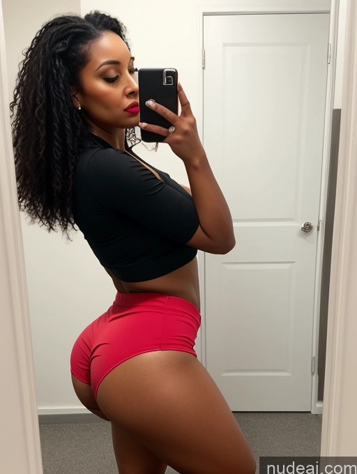 ai nude image of araffe woman taking a selfie in a bathroom mirror pics of One Thick Huge Boobs Big Ass 20s Shocked Black Hair Changing Room Micro Skirt Crop Top Boots Beautiful Lipstick Straight Side View British