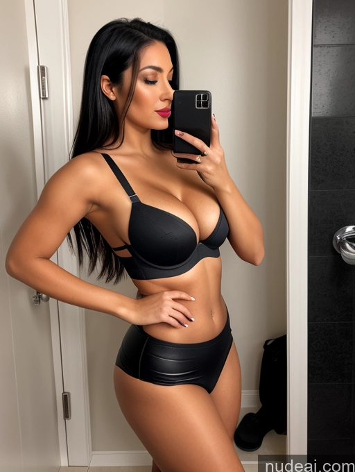 ai nude image of araffe woman in a black bikini taking a selfie in a bathroom pics of One Woman Perfect Boobs Lipstick Big Ass Thick 20s Sexy Face Black Hair Straight German Bathroom Side View Boots High Heels Push-up Bra Micro Skirt Cleavage