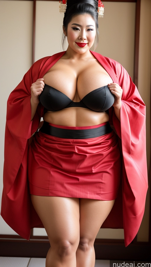 ai nude image of araffe woman in a red skirt and black top posing for a picture pics of Huge Boobs Lipstick Muscular Big Ass Abs Chubby Geisha