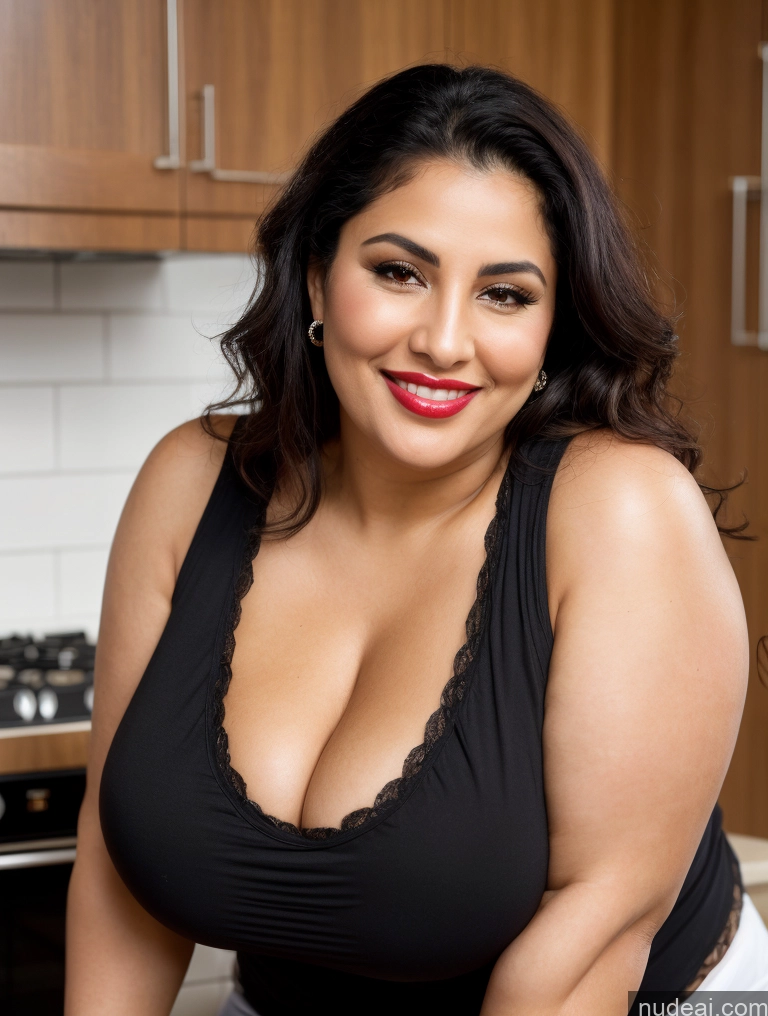 ai nude image of smiling woman in black top posing in kitchen with wooden cabinets pics of Huge Boobs One Perfect Boobs Beautiful Lipstick Big Ass Big Hips Perfect Body Chubby Thick 30s Happy Seductive Black Hair Messy Arabic Skin Detail (beta) Close-up View Kitchen Casual Tank Top Detailed Milf