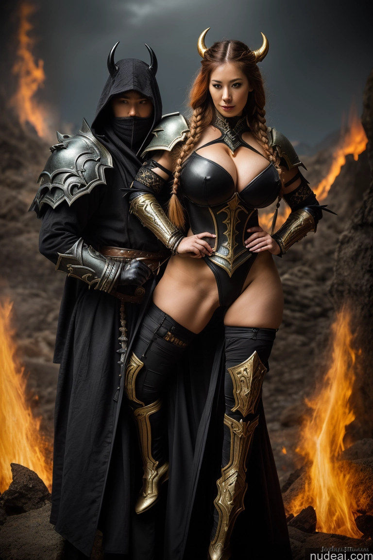 ai nude image of arafed woman in a black dress and a man in a black cloak and armor pics of Busty Huge Boobs Big Ass Fat Big Hips Oiled Body Ginger Nude Detailed Hell Gold Jewelry Bright Lighting Death Knight Martial Arts Fantasy Armor Back View Dark Fantasy Japanese Braided 20s Fairer Skin Two Woman + Man Abs Long Legs