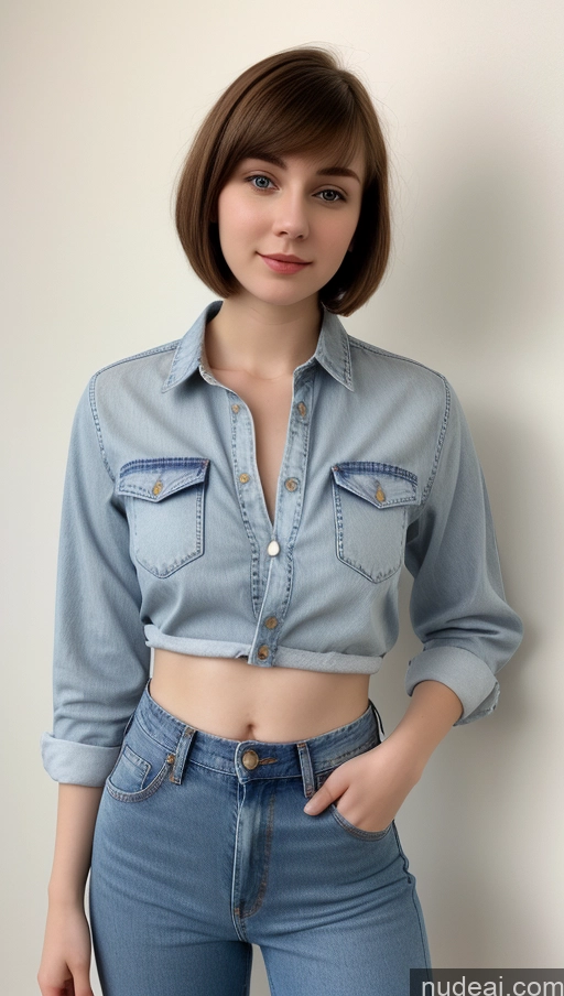 ai nude image of arafed woman in a denim shirt and jeans posing for a picture pics of Beautiful Big Hips Short Hair Fairer Skin 18 Brunette Russian Skinny Small Tits Jeans Shirt