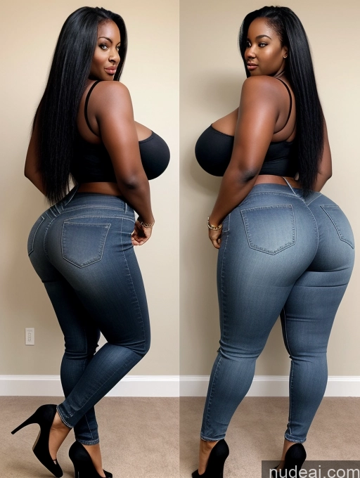 ai nude image of a close up of a woman in jeans and heels posing for a picture pics of Woman Huge Boobs Perfect Boobs Big Ass Big Hips Thick Perfect Body 30s Black Hair Long Hair African Blouse Jeans High Heels