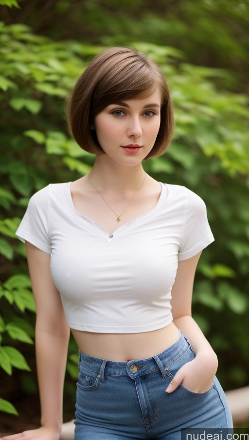 ai nude image of arafed woman in white shirt and jeans posing for a picture pics of Beautiful Big Hips Short Hair Fairer Skin 18 Brunette Russian Skinny Small Tits Jeans Shirt