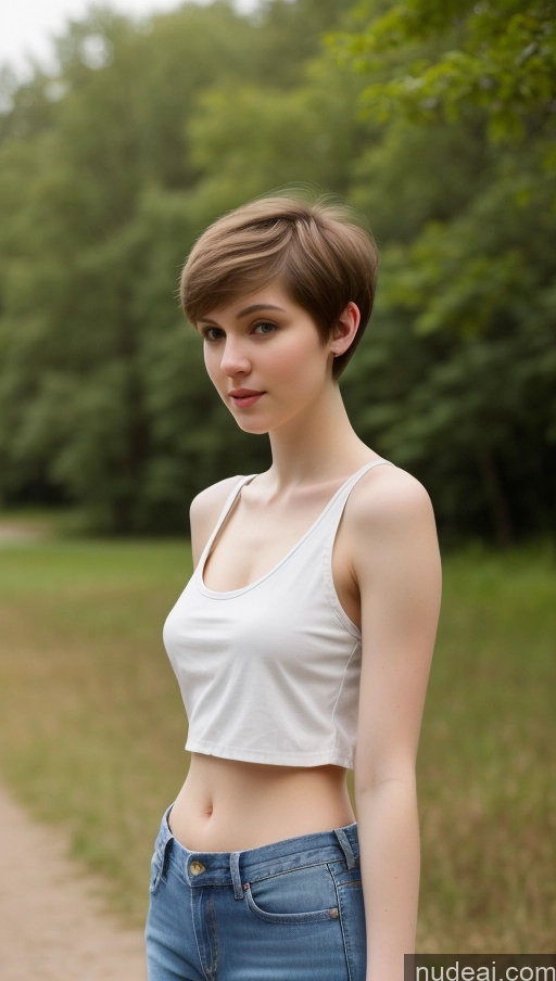 ai nude image of arafed woman in white top and jeans standing in a field pics of Beautiful Big Hips Short Hair Fairer Skin 18 Brunette Russian Skinny Small Tits Jeans Tank Top