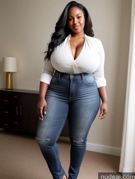 ai nude image of araffe woman in a white shirt and jeans posing for a picture pics of Woman Huge Boobs Perfect Boobs Big Ass Big Hips Thick Perfect Body 30s Black Hair Long Hair African Blouse Jeans High Heels Cleavage Detailed