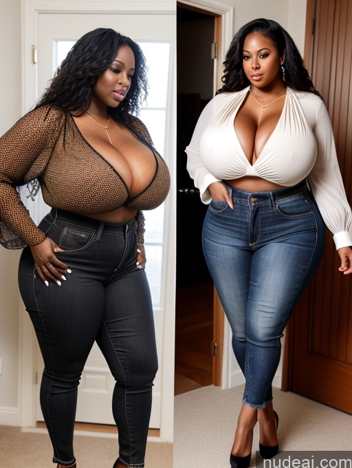 ai nude image of two photos of a woman in jeans and a white top pics of Woman Huge Boobs Perfect Boobs Big Ass Big Hips Thick Perfect Body 30s Black Hair Long Hair African Blouse Jeans High Heels Cleavage Detailed