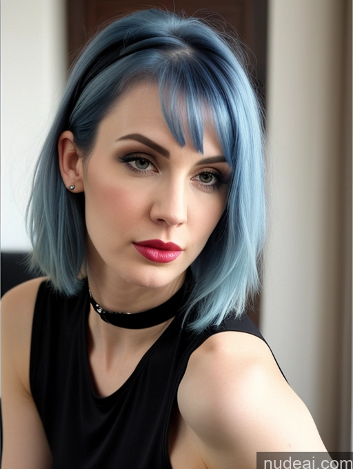 related ai porn images free for Skinny Fairer Skin 30s Pouting Lips Blue Hair Pixie Shirt Cleavage Choker Bending Over