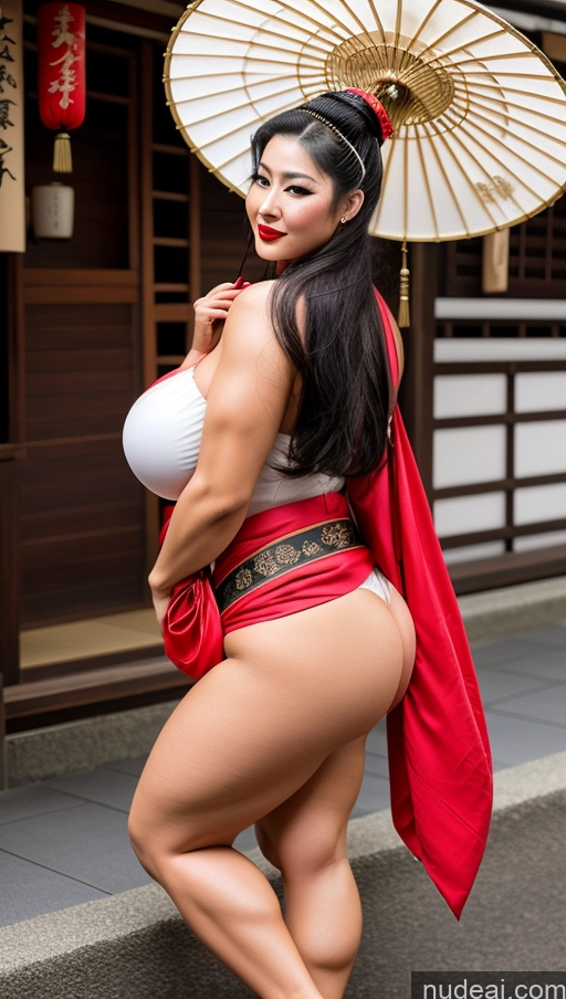 ai nude image of araffe woman in a red and white outfit posing with an umbrella pics of Huge Boobs Lipstick Muscular Big Ass Abs Chubby Geisha