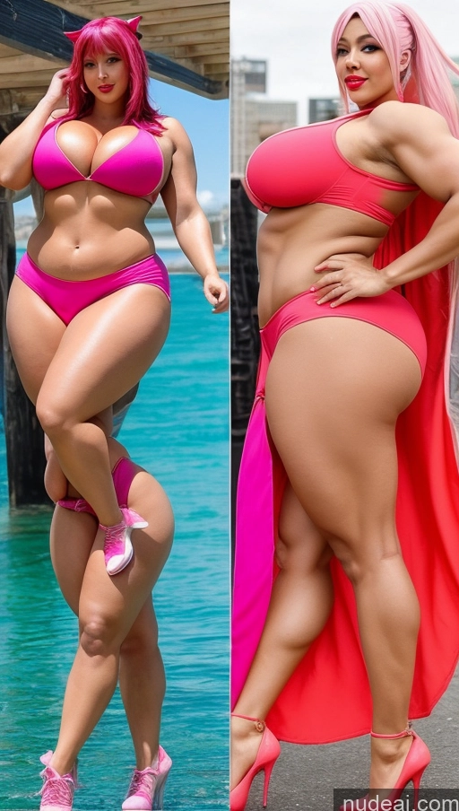 ai nude image of two pictures of a woman in a pink bikini and a woman in a pink bikini pics of Huge Boobs Lipstick Muscular Big Ass Abs Chubby Cosplay